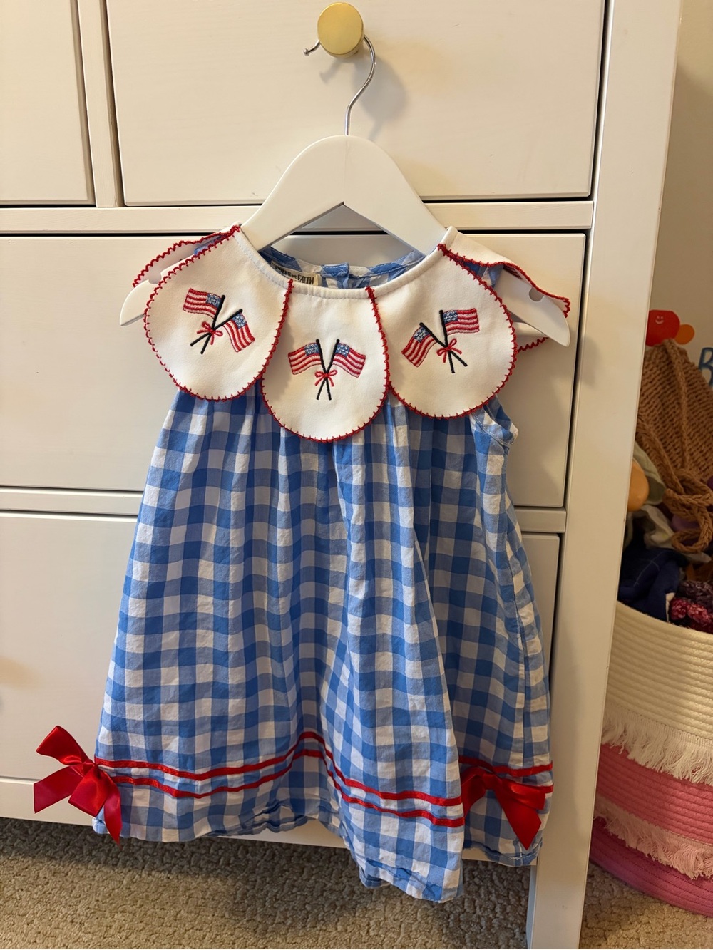 Rylee Faith Designs Girls 4 Patriotic Gingham Dress Red White Blue Flags